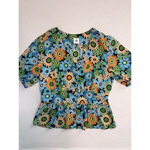 Cabi Size M Retro Floral Peplum Blouse Blue Green Orange Mod Print Button Front
